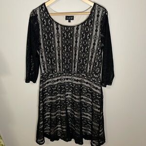 AUW Large A-Line Black Lace Overlay Lined Dress 3/4 Sleeve Lacey Whimsygoth
